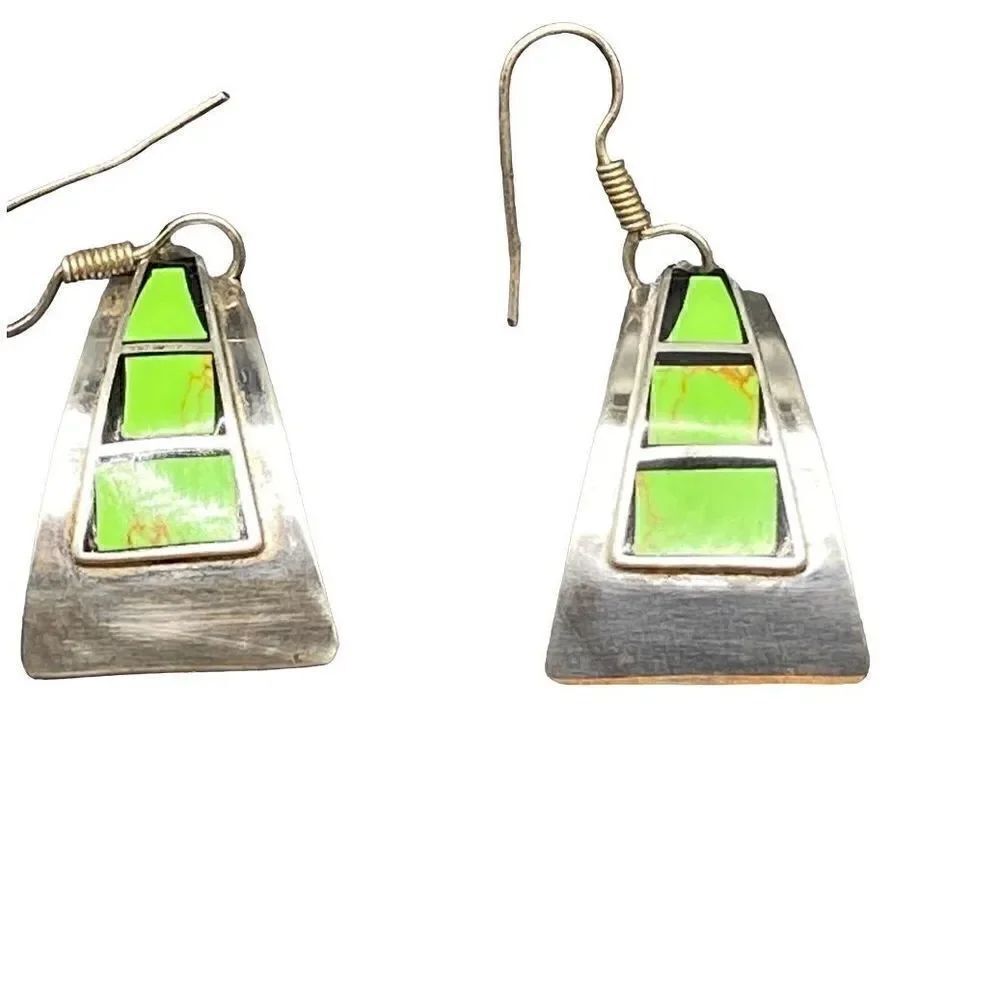 Sterling silver 925 line turquoise fishhook dangle drop earrings marked TN-47